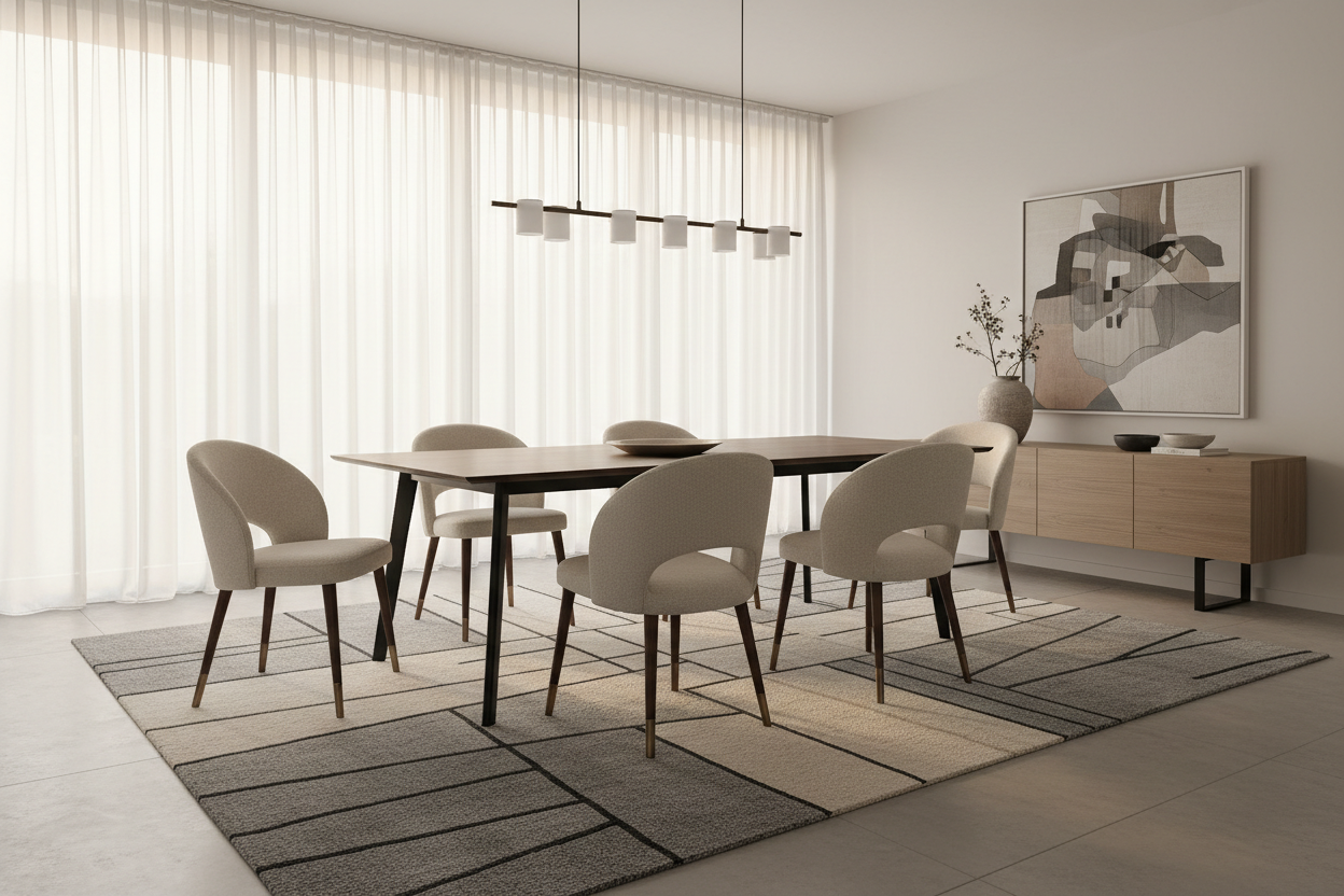 Tappeto sotto il tavolo da pranzo: misure perfette, proporzioni e scelte di stile