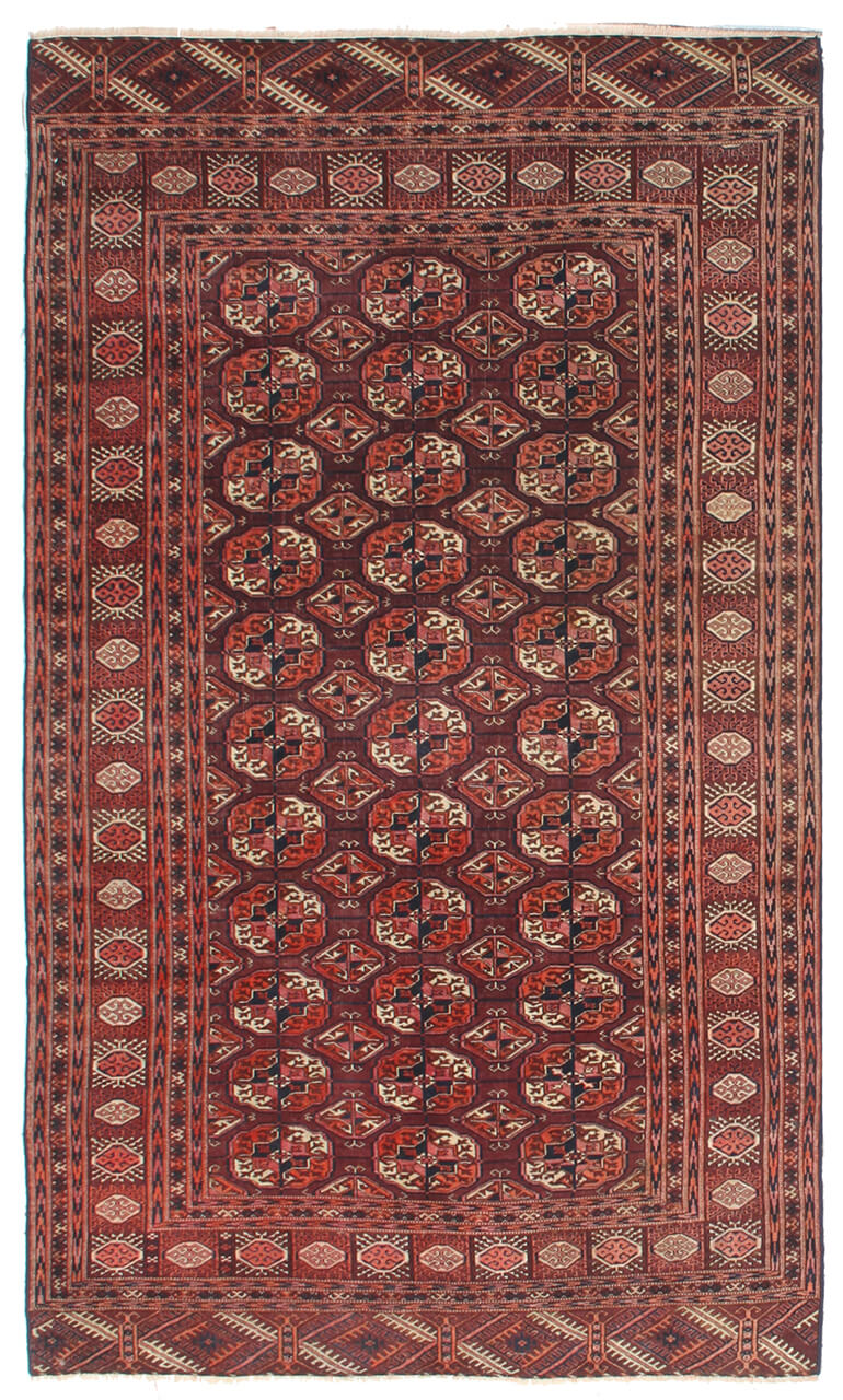 Antique Bouchara Oriental Rug: Authentic Turkmen Rug 241x143cm