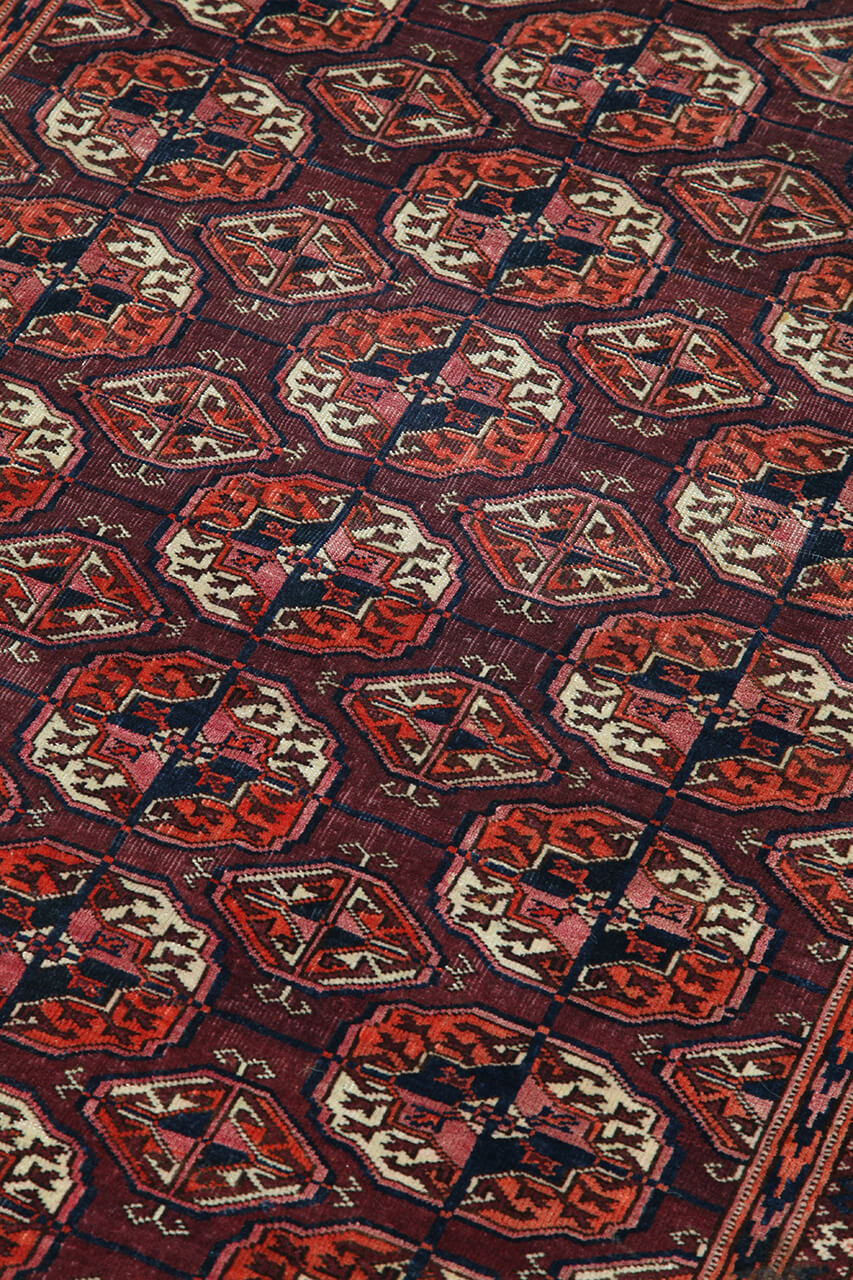 Antique Bouchara Oriental Rug: Authentic Turkmen Rug 241x143cm