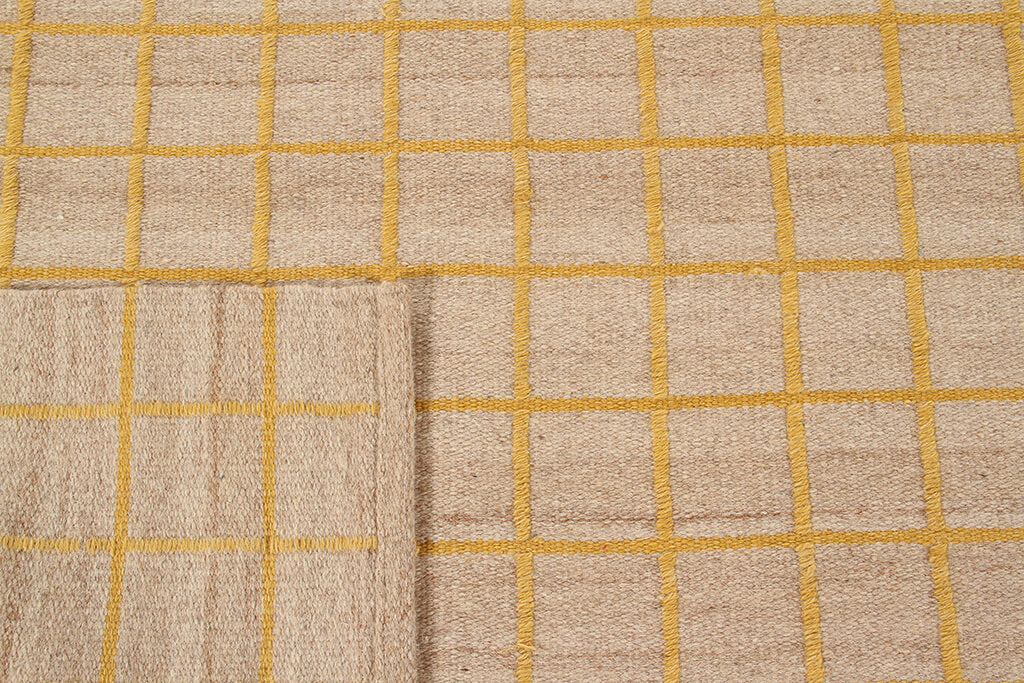 Tappeto Kilim Moderno in Lana e Cotone - Realizzato a mano - Giallo Oro | Ideale per Soggiorno, Camera da Letto, Sala da Pranzo
