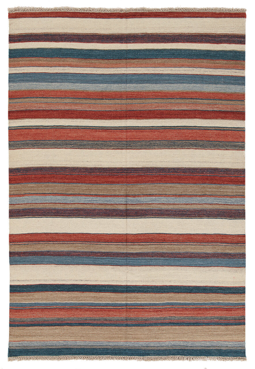 Tappeto Kilim Moderno Hippie in Lana Multicolore - Realizzato a Mano - Disegno a Strisce colorate
