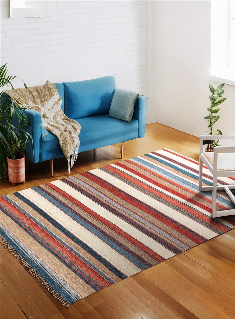 Tappeto Kilim Moderno Hippie in Lana Multicolore - Realizzato a Mano - Disegno a Strisce colorate