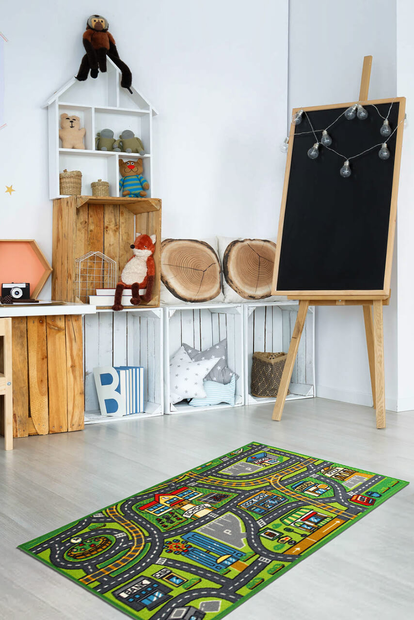 Tappeto da Gioco per Bambini - Multicolore - Disegno Strade, Casette, Automobili - Tappeto Sicuro e Certificato