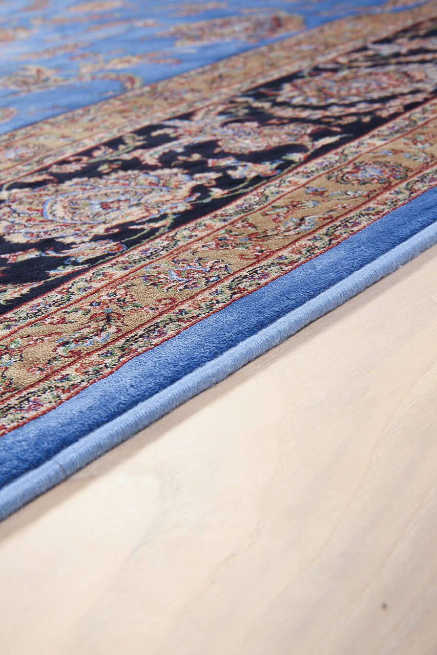 Tappeto Stile Orientale Qoum Shah - Effetto Seta - Disegno Classico - Blu