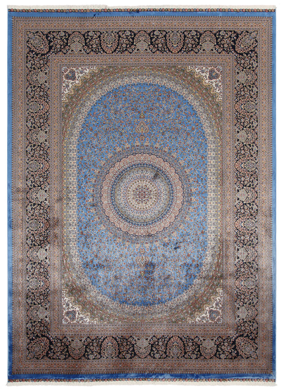 Tappeto Stile Orientale Qoum Shah - Effetto Seta - Disegno Classico - Blu