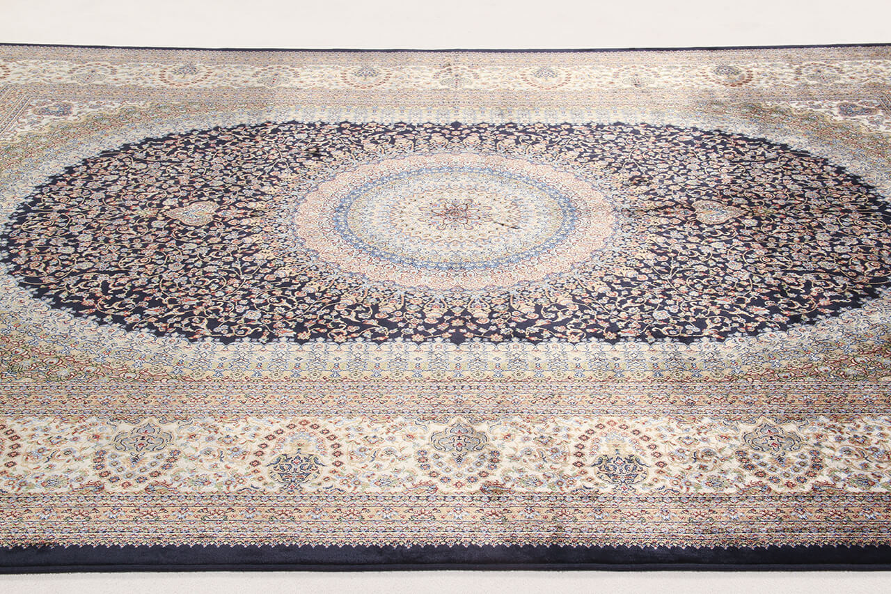 Tappeto Stile Orientale Qoum Shah - Effetto Seta - Disegno Classico - Blu Navy