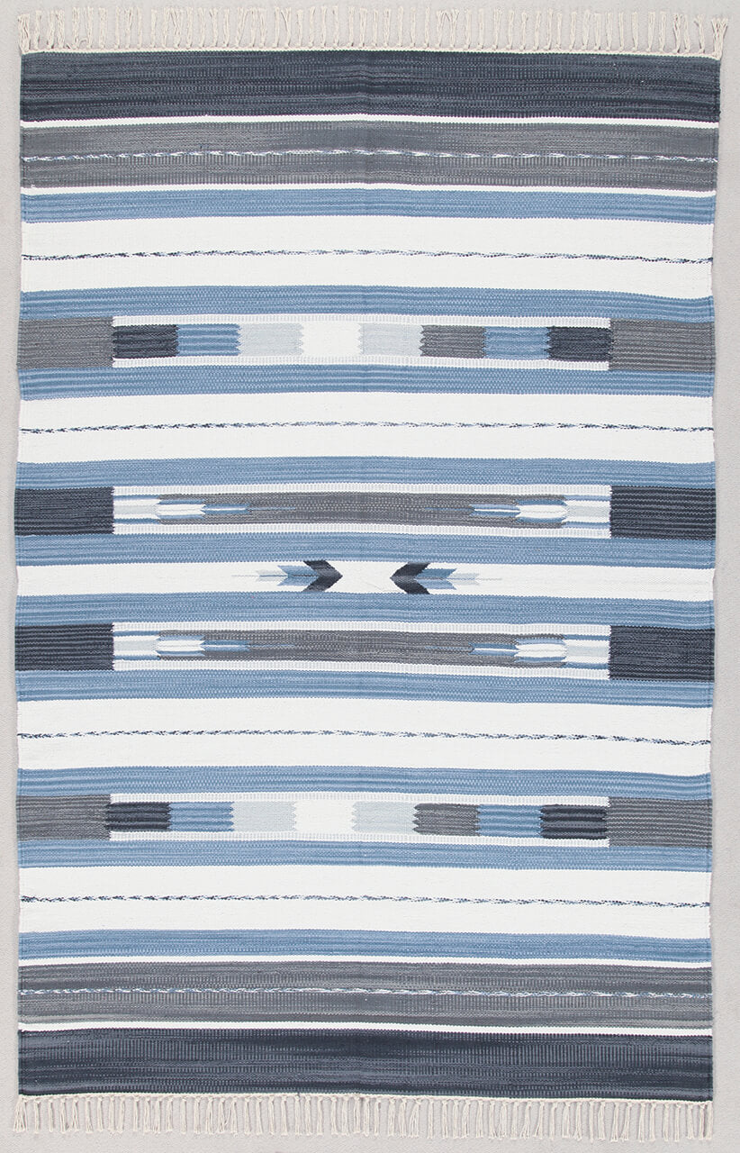 Tappeto Kilim DURRIE in Cotone - uso Doubleface - Blu e Bianco | Ideale per Bagno e Cucina