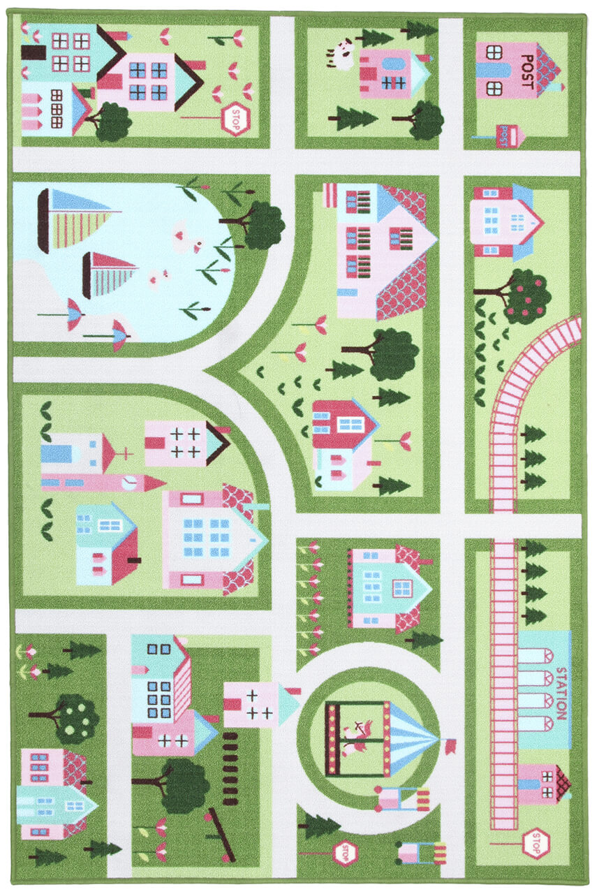 Tappeto da Gioco per Bambini - Verde e Rosa - Disegno Strada e Casette - Tappeto per la Cameretta - Sicuro e Certificato