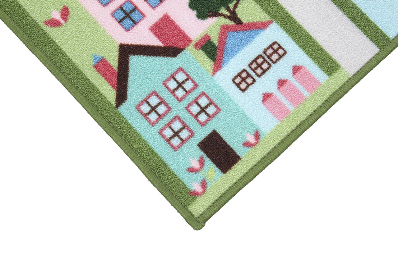 Tappeto da Gioco per Bambini - Verde e Rosa - Disegno Strada e Casette - Tappeto per la Cameretta - Sicuro e Certificato