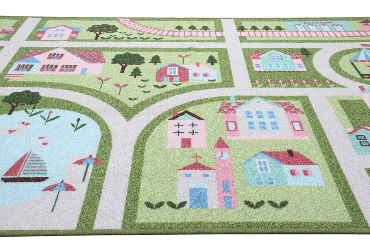 Tappeto da Gioco per Bambini - Verde e Rosa - Disegno Strada e Casette - Tappeto per la Cameretta - Sicuro e Certificato