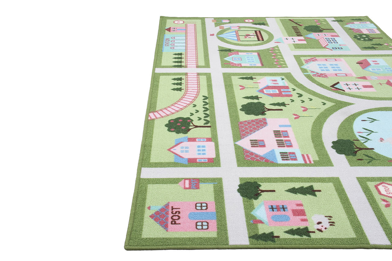 Tappeto da Gioco per Bambini - Verde e Rosa - Disegno Strada e Casette - Tappeto per la Cameretta - Sicuro e Certificato