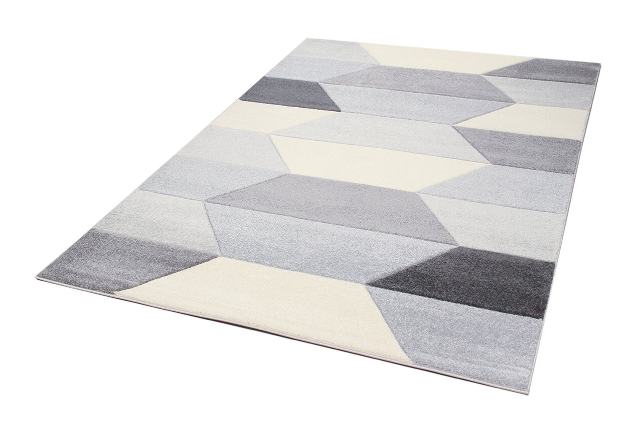 Tappeto Moderno Carve Geometrico a Blocchi - Bianco e Grigio - Antiscivolo - Ideale per Soggiorno, Camera da Letto, Sala da Pranzo
