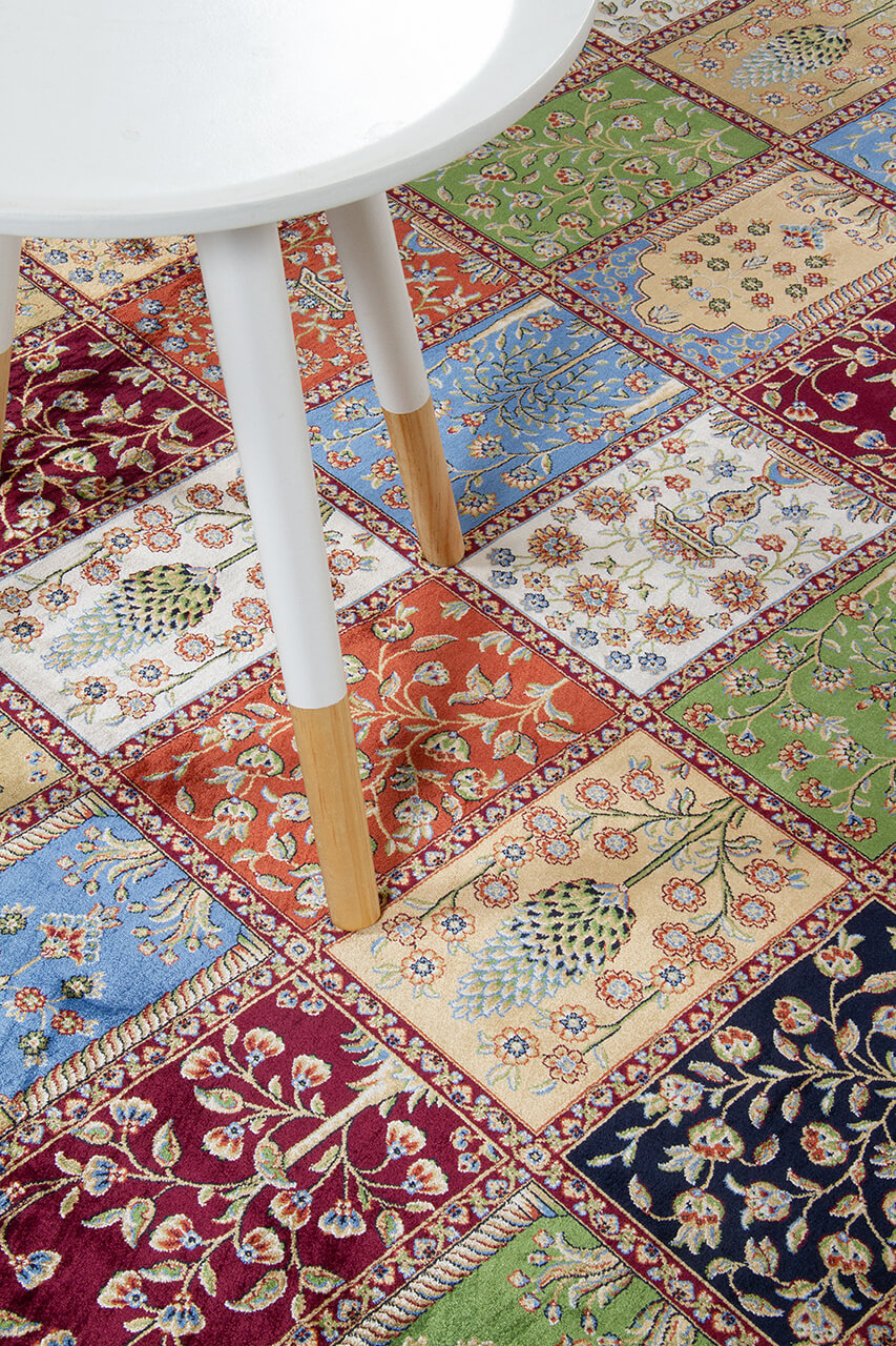Tappeto Stile Orientale Qoum Shah - Effetto Seta - Disegno Classico - Multicolore
