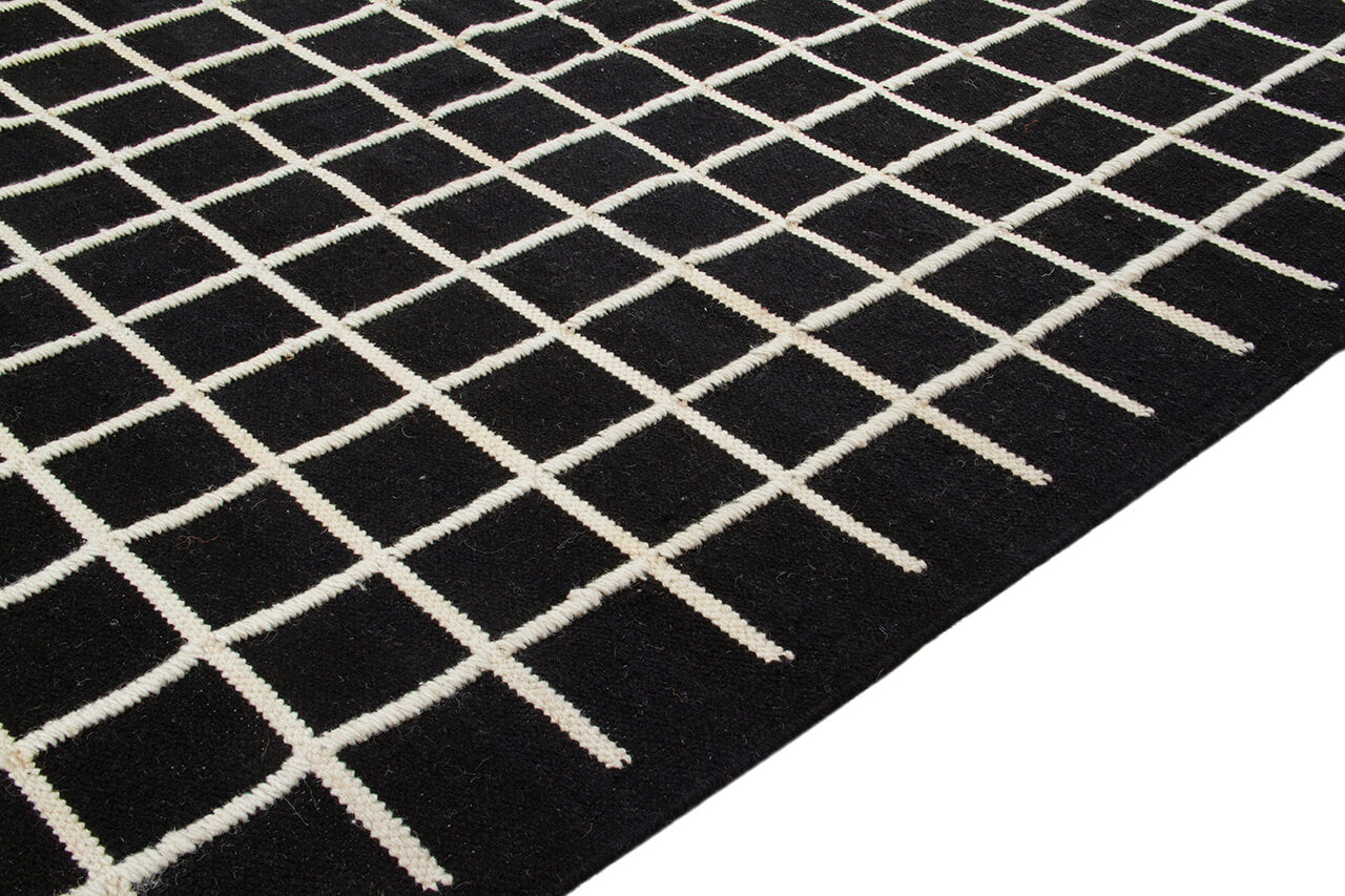 Tappeto Kilim Moderno in Lana e Cotone - Realizzato a mano - Nero e Avorio | Ideale per Soggiorno, Camera da Letto, Sala da Pranzo