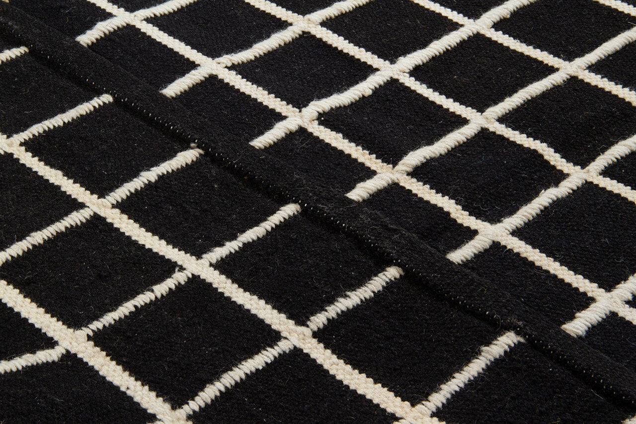 Tappeto Kilim Moderno in Lana e Cotone - Realizzato a mano - Nero e Avorio | Ideale per Soggiorno, Camera da Letto, Sala da Pranzo