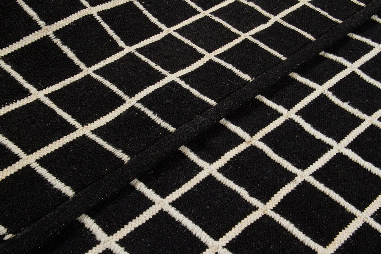 Tappeto Kilim Moderno in Lana e Cotone - Realizzato a mano - Nero e Avorio | Ideale per Soggiorno, Camera da Letto, Sala da Pranzo