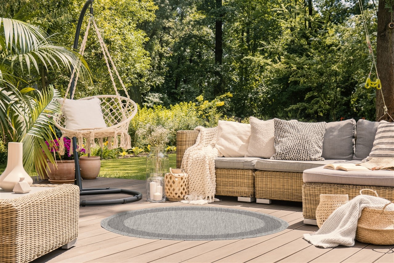 Tappeto Rotondo da Esterno - FRAME ROUND GREY BLACK - Indoor/Outdoor - Grigio Nero | Ideale per Terrazze, Balconi, Patio, Verande