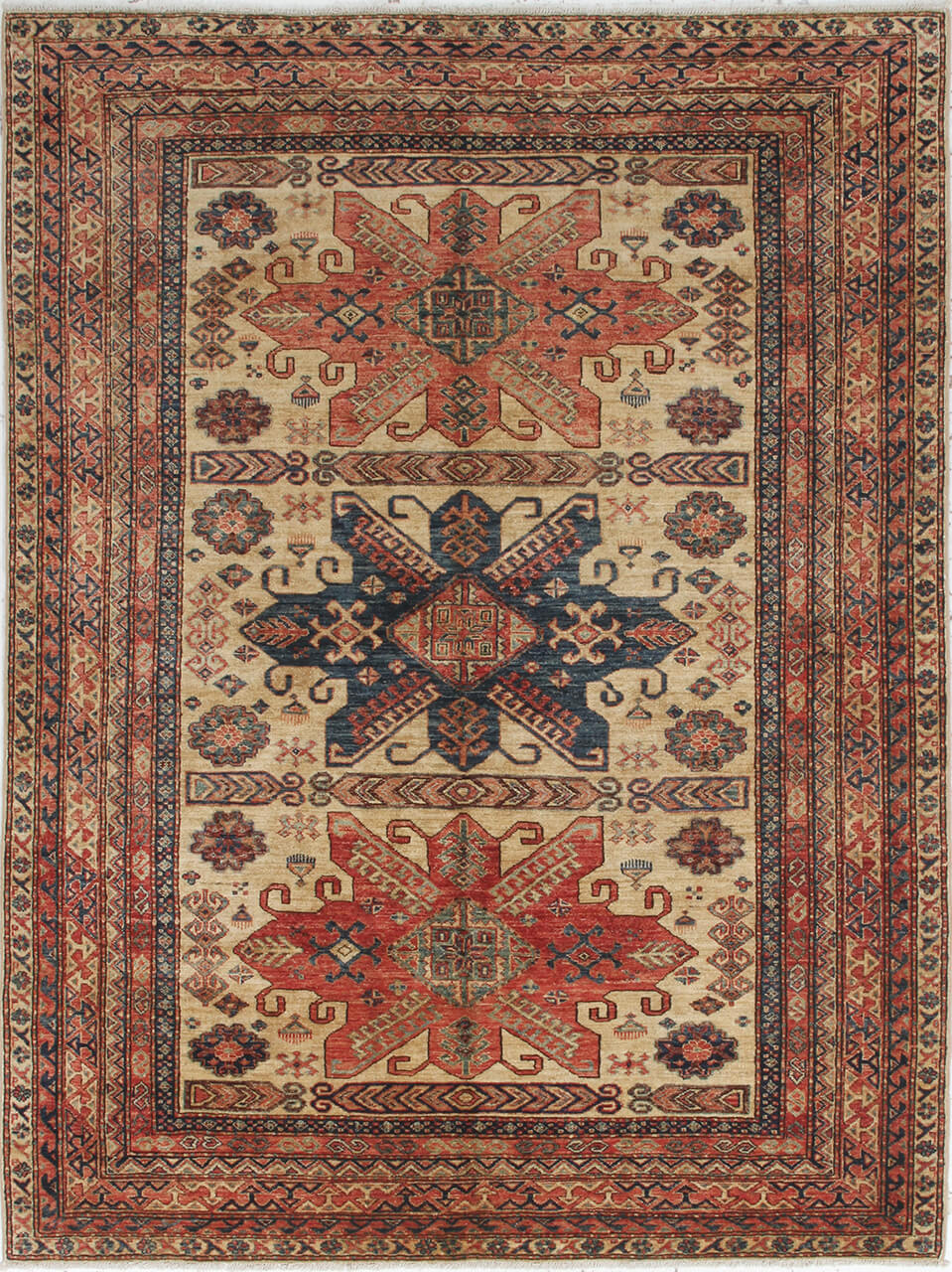 Classic Kazak carpet, Beige, Red, Caucasian style, handmade, 238x175cm