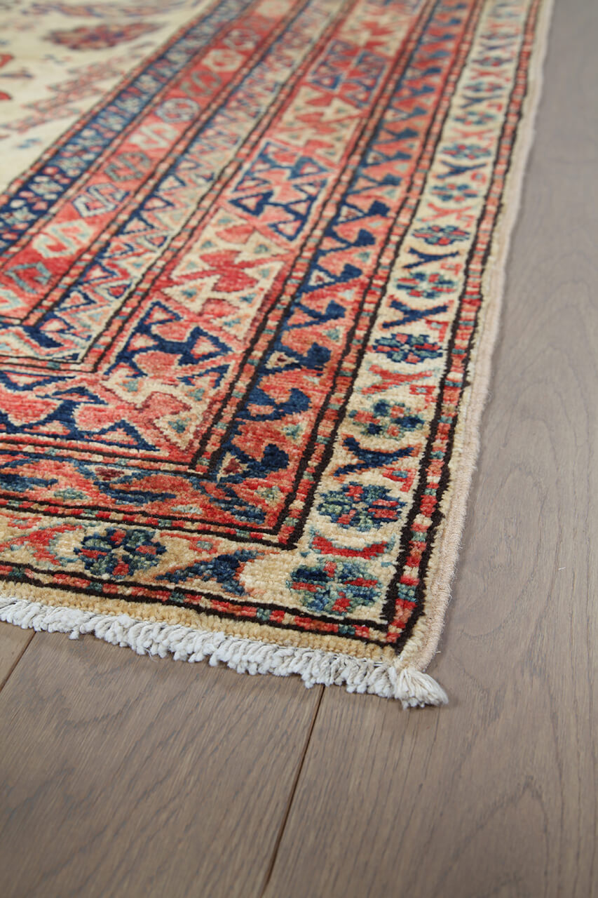 Classic Kazak carpet, Beige, Red, Caucasian style, handmade, 238x175cm
