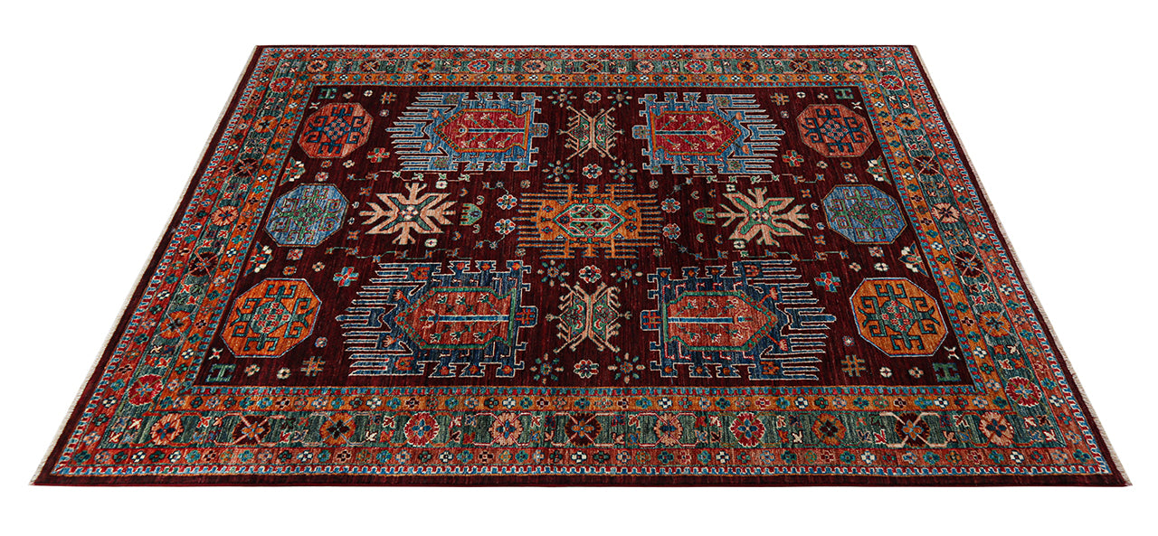 Tappeto Afghan multicolore in lana, fatto a mano 240x174cm