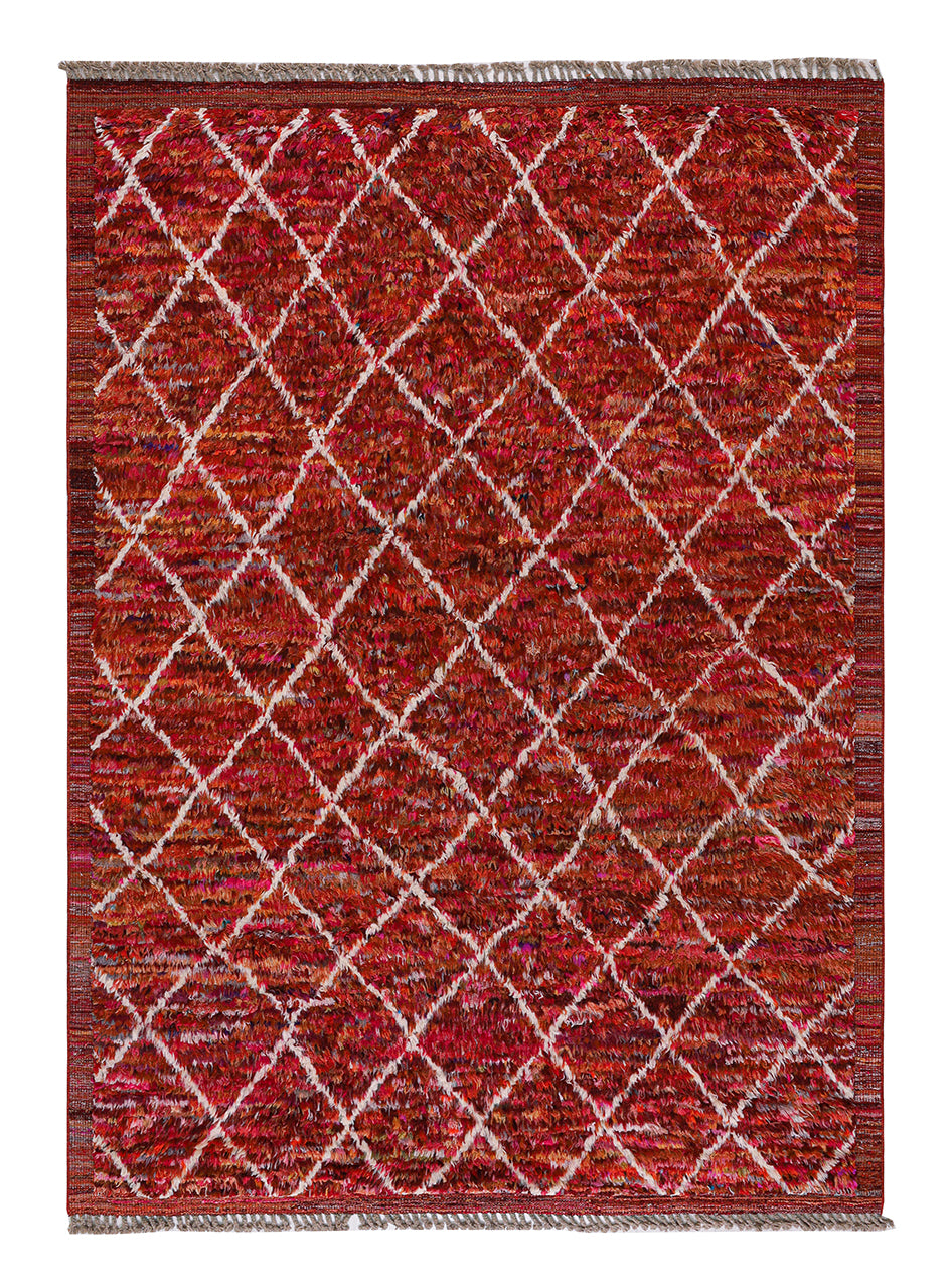 Long pile Berber carpet red, handmade 306x219cm