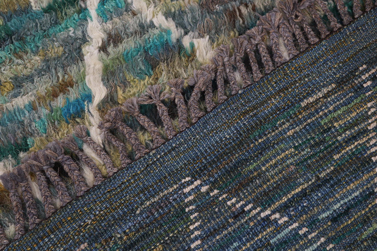 Long pile Berber carpet green, handmade 254x170cm