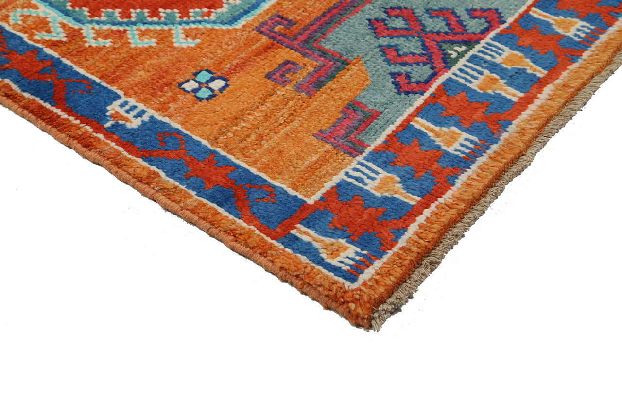 Classic Kazak runner rug, Orange, handmade, 313x79cm