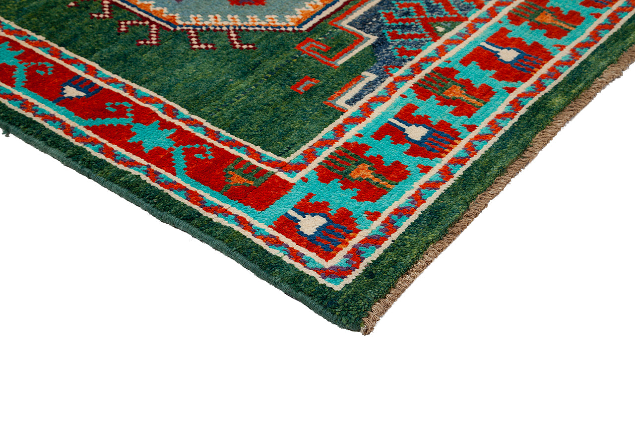 Classic Kazak carpet, Green, handmade, 157x95cm