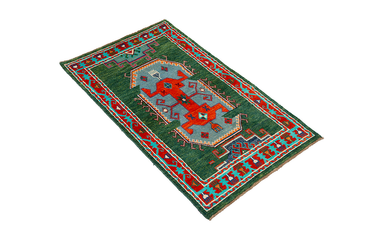 Classic Kazak carpet, Green, handmade, 157x95cm