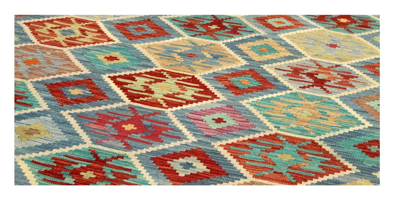 Tappeto Kilim Kaudani Afghan fatto a mano multicolore 338x254cm