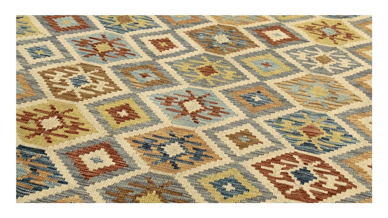 Tappeto Kilim Kaudani Afghan fatto a mano multicolore 338x257cm