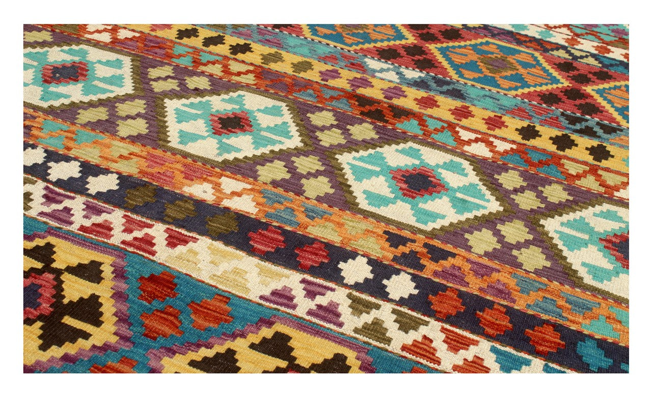 Tappeto Kilim Kaudani Afghan fatto a mano multicolore 290x254cm