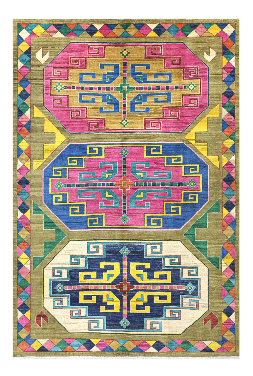 Classic Kazak carpet, Green, handmade, 290x201cm