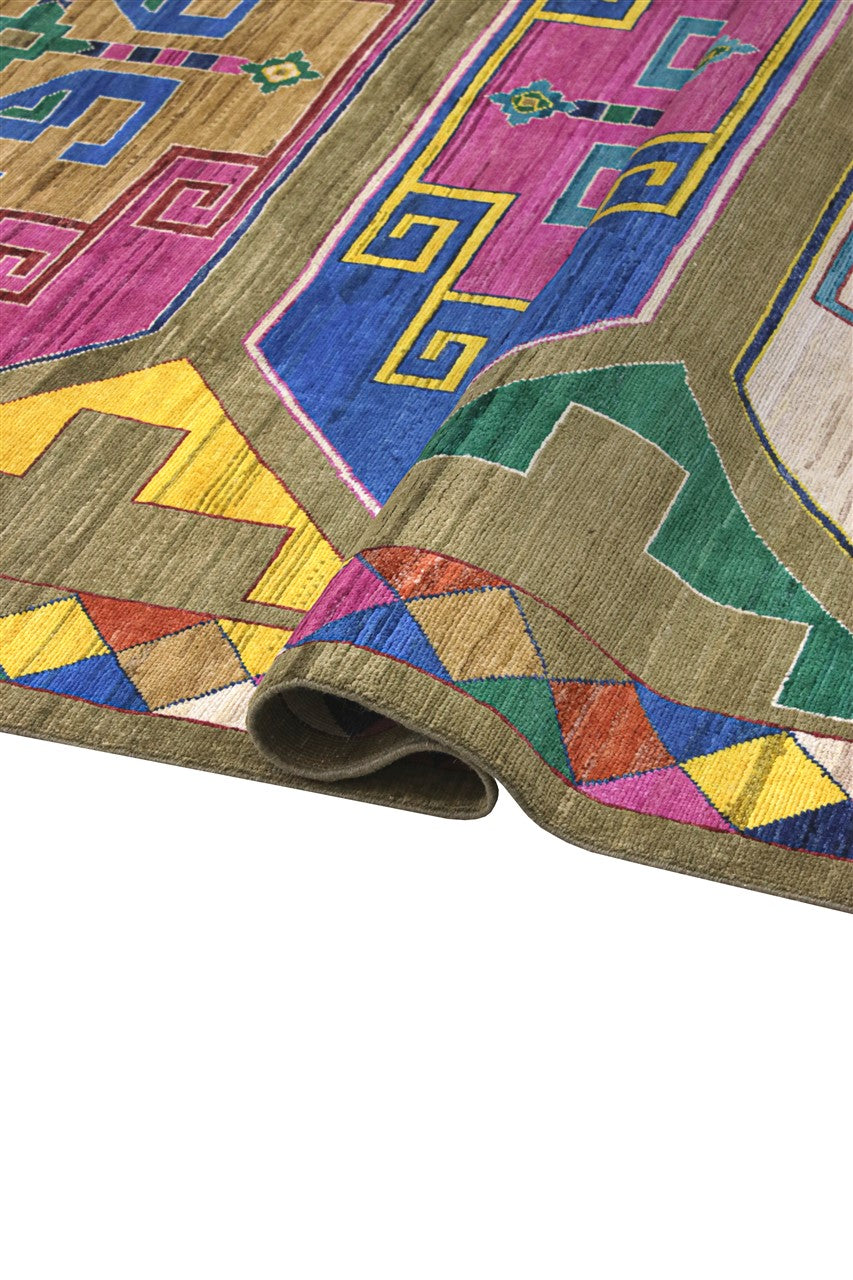 Classic Kazak carpet, Green, handmade, 290x201cm