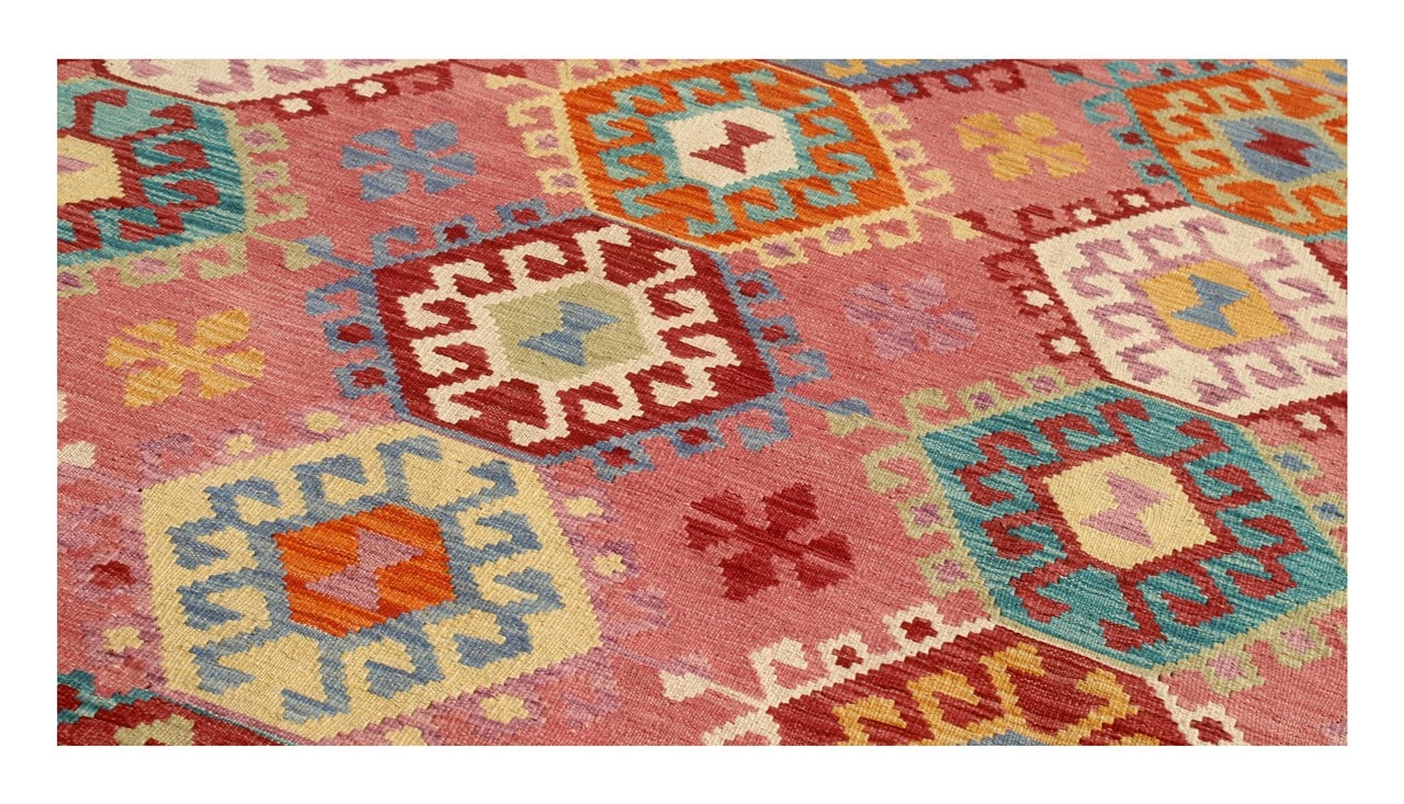 Tappeto Kilim Kaudani Afghan fatto a mano multicolore 302x206cm