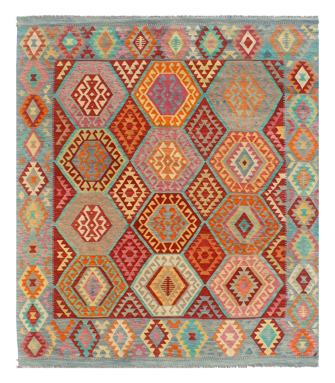Tappeto Kilim Kaudani Afghan fatto a mano multicolore 301x256cm