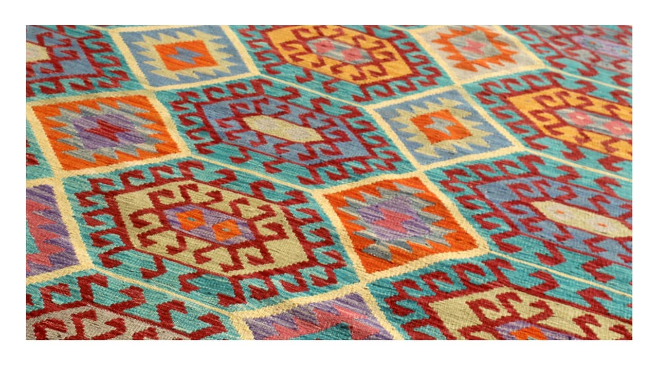 Tappeto Kilim Kaudani Afghan fatto a mano multicolore 340x251cm
