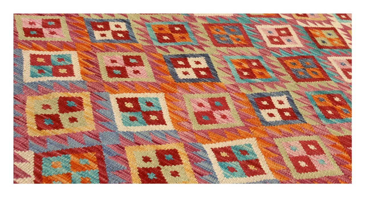 Tappeto Kilim Kaudani Afghan fatto a mano multicolore 302x206cm