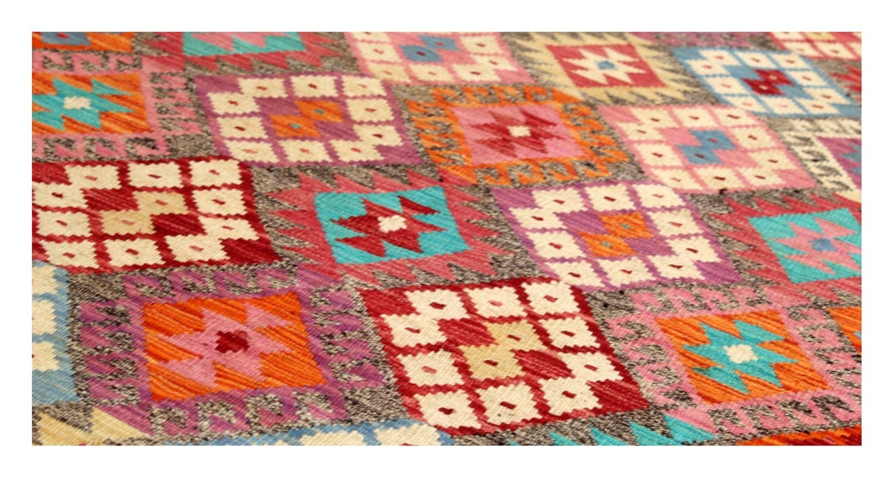 Tappeto Kilim Kaudani Afghan fatto a mano multicolore 291x210cm
