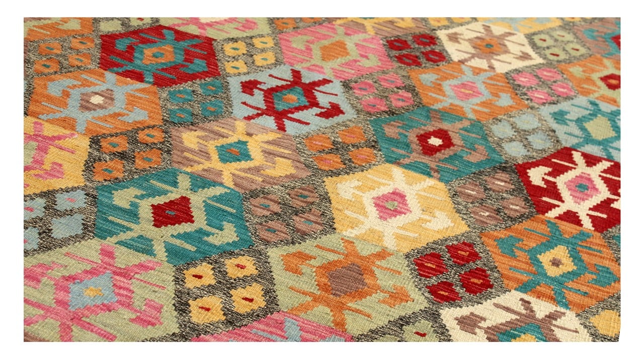 Tappeto Kilim Kaudani Afghan fatto a mano multicolore 300x248cm