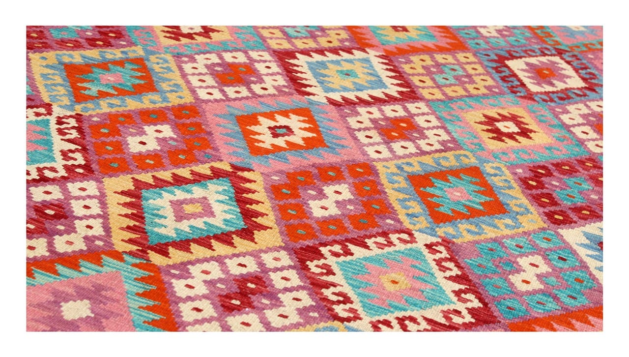 Tappeto Kilim Kaudani Afghan fatto a mano multicolore 307x204cm