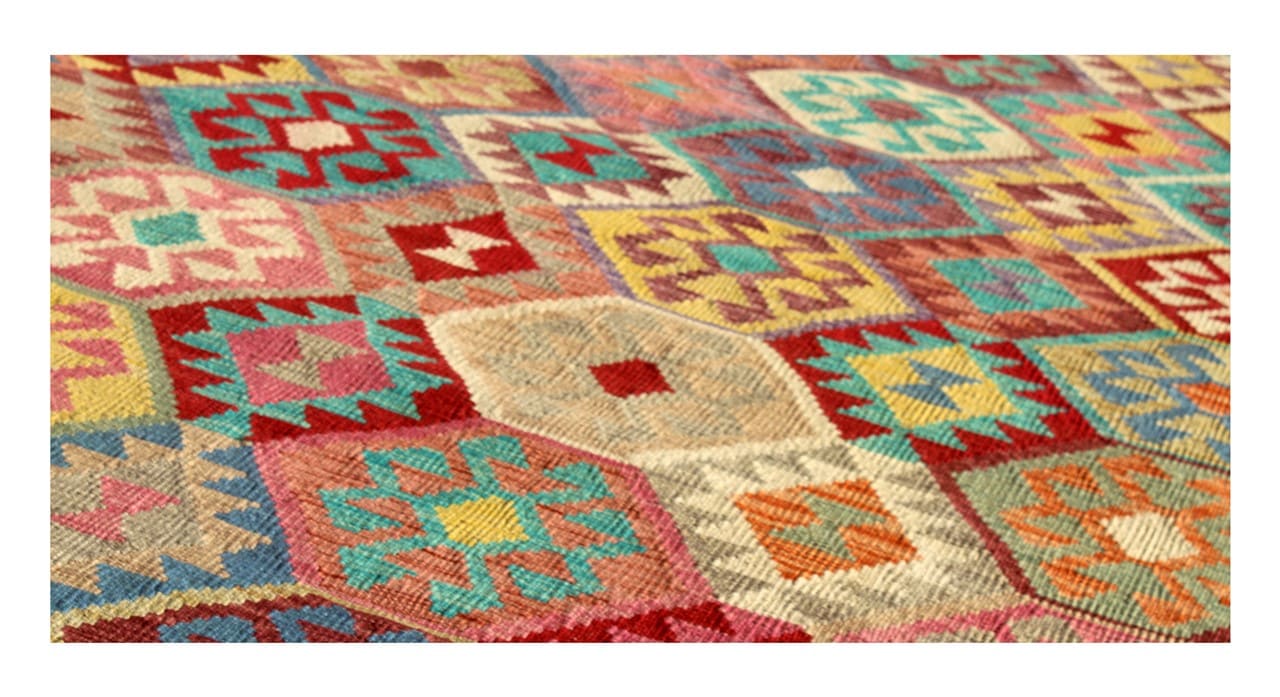 Tappeto Kilim Kaudani Afghan fatto a mano multicolore 286x211cm
