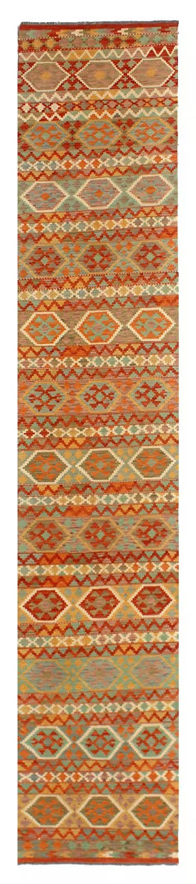 Tappeto Kilim in lana multicolore, fatto a mano, 500x81 cm