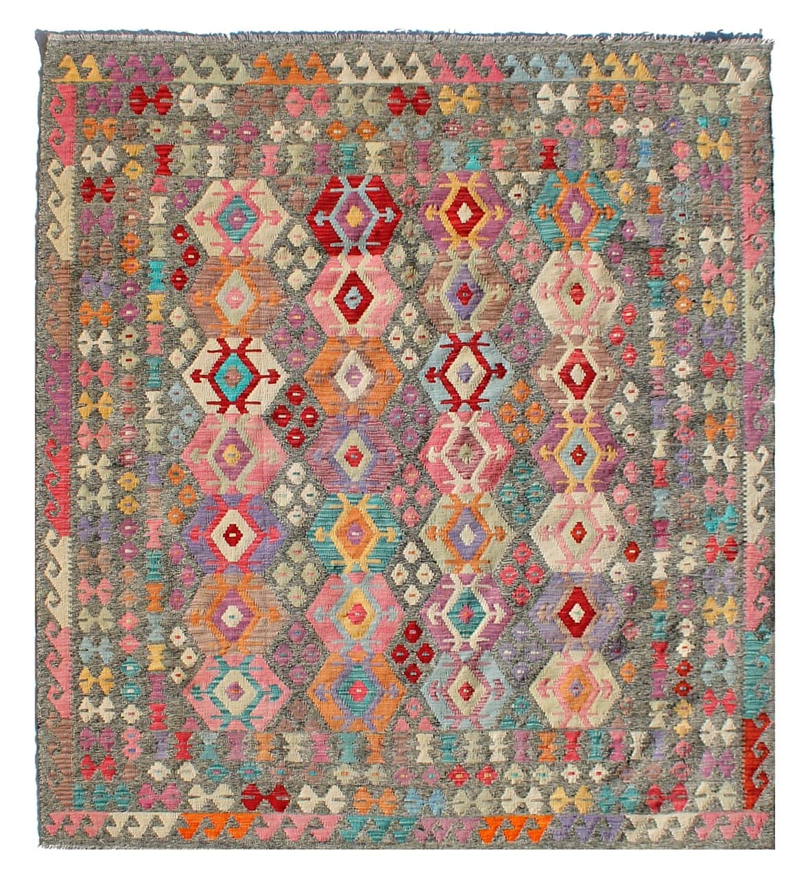 Tappeto Kilim Kaudani Afghan fatto a mano multicolore 285x251cm