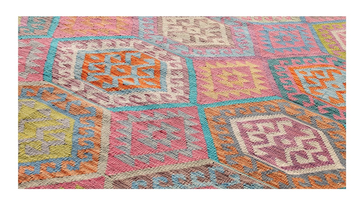 Tappeto Kilim Kaudani Afghan fatto a mano multicolore 296x252cm