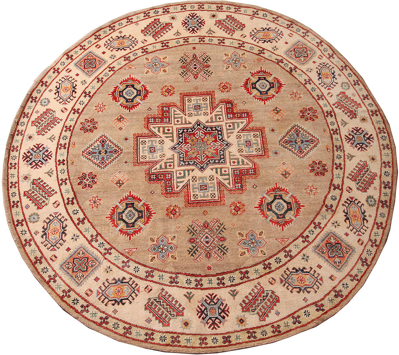 Classic Kazak round carpet, Beige, handmade, 239x236cm