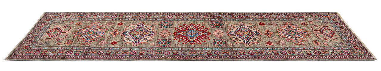 Classic Kazak runner rug, Multicoloured, handmade, 302x82cm