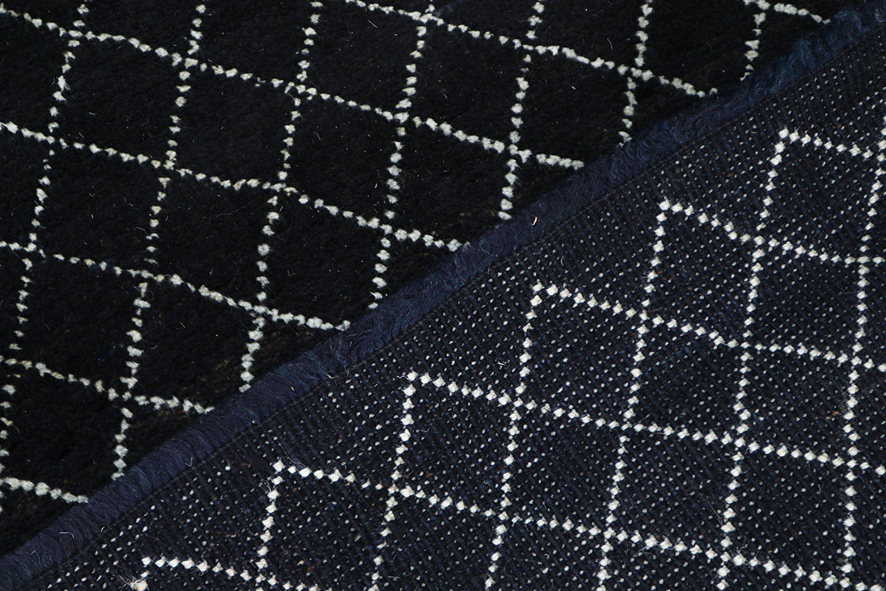 Modern design black Berber style runner rug, handmade 302x78cm