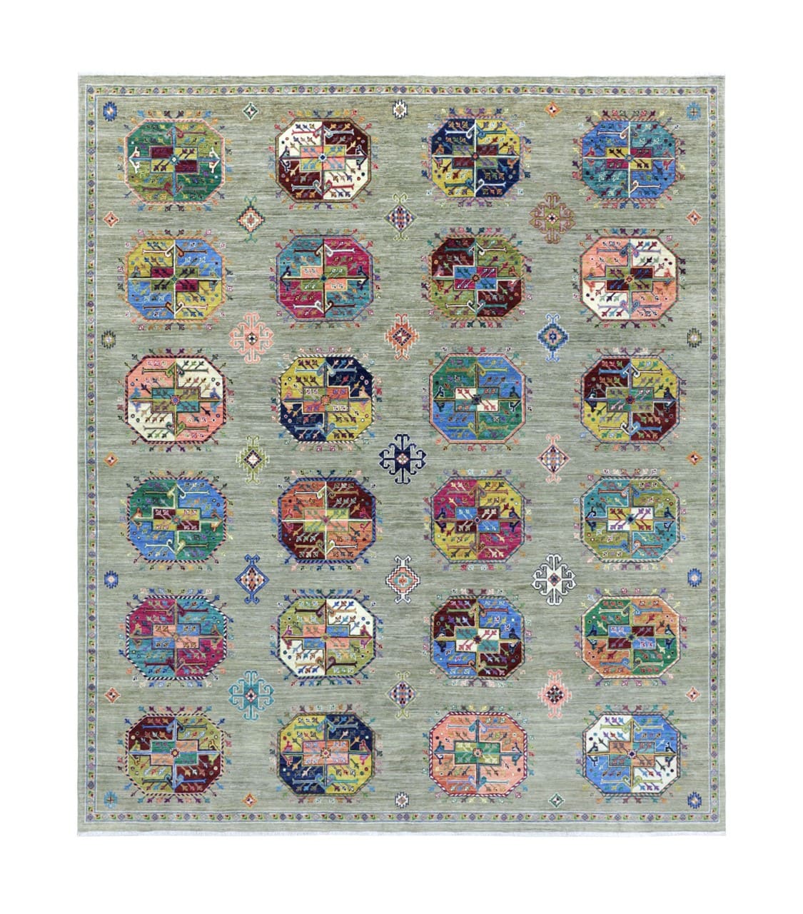 Tappeto Afghan verde in lana, fatto a mano 301x259cm