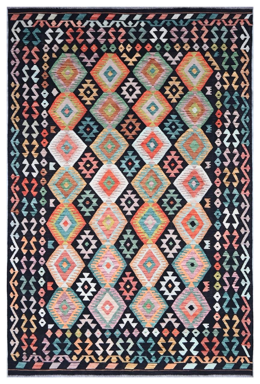 Tappeto Kilim Kaudani Afghan fatto a mano multicolore 301x201cm